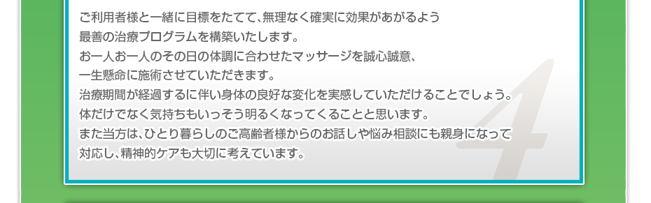 ご利用者様と一緒に目標をたてて、無理なく確実に効果があがるよう最善の治療プログラムを構築いたします。お一人お一人のその日の体調に合わせたマッサージを誠心誠意、一生懸命に施術させていただきます。治療期間が経過するに伴い身体の良好な変化を実感していただけることでしょう。体だけでなく気持ちもいっそう明るくなってくることと思います。また当方は、ひとり暮らしのご高齢者様からのお話しや悩み相談にも親身になって対応し、精神的ケアも大切に考えています。