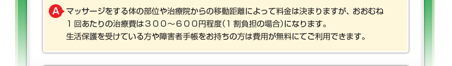マッサージをする体の部位や治療院からの移動距離によって料金は決まりますが、 おおむね1回あたりの治療費は300~600円程度(1割負担の場合)になります。 生活保護を受けている方や障害者手帳をお持ちの方は費用が無料にてご利用できます。